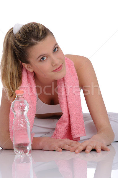 Foto stock: Fitness · jóvenes · mujer · agua · toalla · blanco