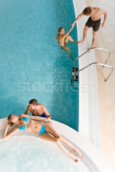 Foto stock: Topo · ver · jovens · relaxar · piscina