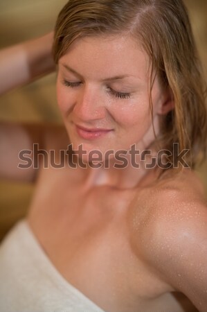 Mosolyog izzadt nő szauna közelkép szépség Stock fotó © CandyboxPhoto