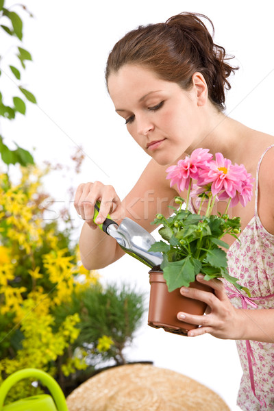 Gartenarbeit Frau halten Blumentopf Schaufel weiß Stock foto © CandyboxPhoto