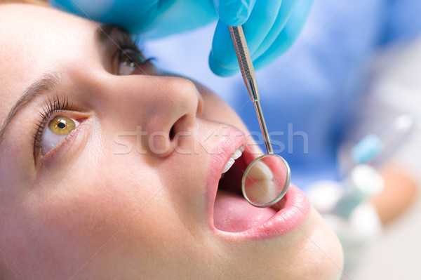 Dental mirror in patient mouth teeth reflection Stock photo © CandyboxPhoto