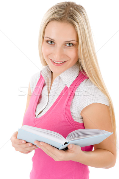 Foto stock: Retrato · feliz · estudante · livro · branco · sorrir