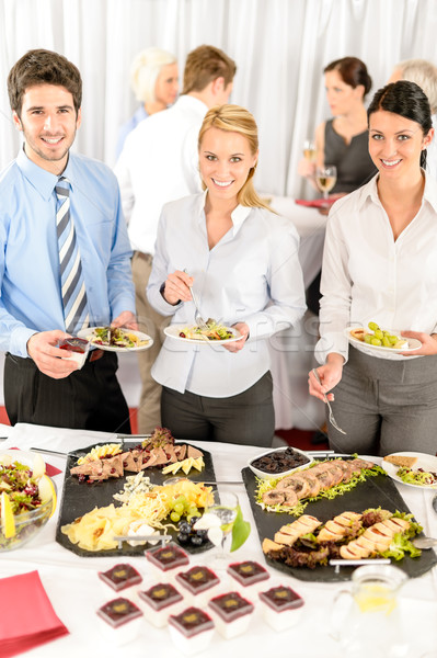 Stock foto: Unternehmen · Sitzung · Catering · Geschäftsleute · Essen · lächelnd