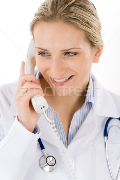 Imagine de stoc: Zâmbitor · femeie · medic · telefon · alb · femeie