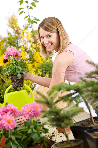 Stockfoto: Tuinieren · gelukkig · vrouw · bloempot