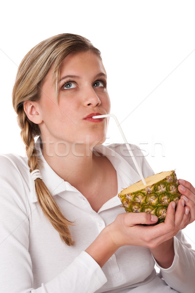 Stockfoto: Vrouw · ananas · kijken · omhoog · witte