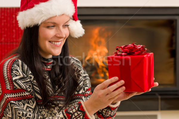 Stock fotó: Karácsony · ajándék · nő · mikulás · kalap · otthon