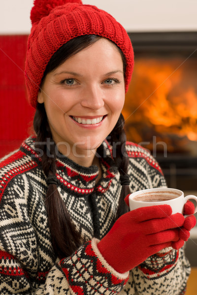 Kamin Winter Weihnachten Frau trinken home Stock foto © CandyboxPhoto