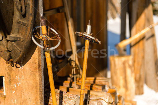 Old wooden ski poles snow winter cottage Stock photo © CandyboxPhoto
