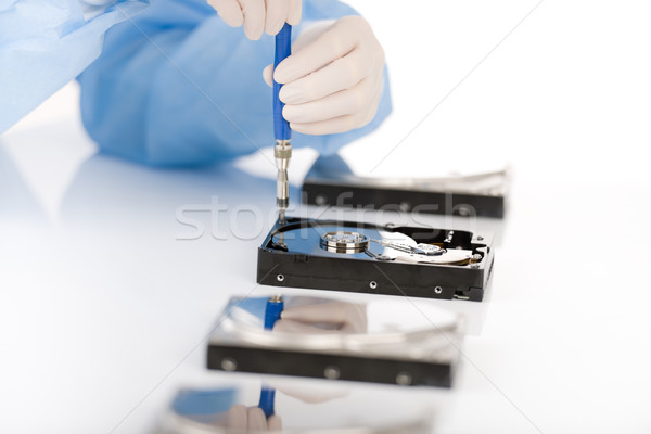 Stockfoto: Computer · ingenieur · reparatie · schijf · steriel · experiment