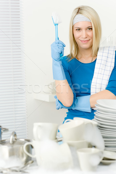 Stock foto: Modernen · Küche · glücklich · Frau · Hausarbeit