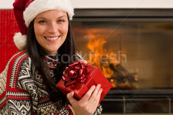 Foto stock: Navidad · presente · mujer · sombrero · casa