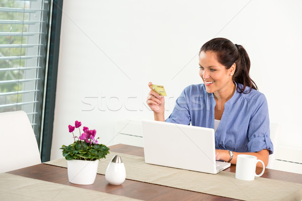 Cheerful woman internet home banking card laptop Stock photo © CandyboxPhoto