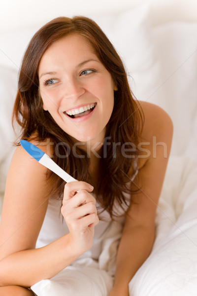 Stock fotó: Terhességi · teszt · boldog · meglepődött · nő · pozitív · eredmény