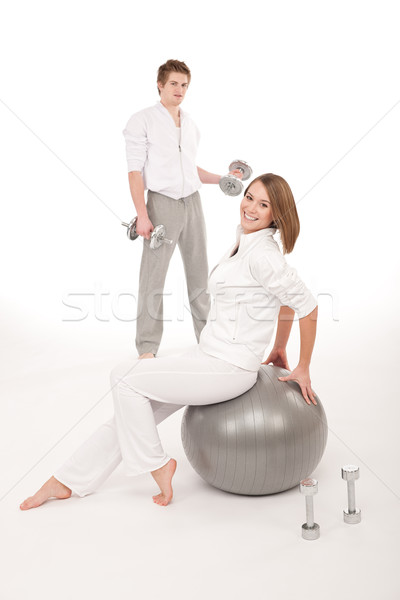 Stockfoto: Gewichten · fitness · bal · witte · jonge