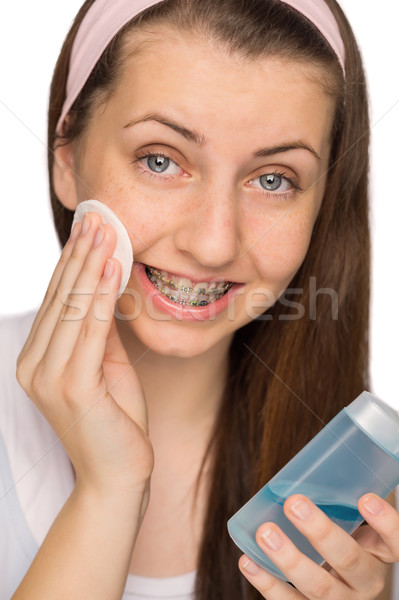 Menina suspensórios make-up remoção branco cara Foto stock © CandyboxPhoto
