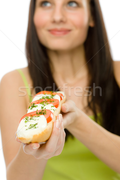 Egészséges életmód nő élvezi caprese szendvics boldog Stock fotó © CandyboxPhoto