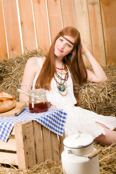 Redhead hippie woman have breakfast in barn Stock photo © CandyboxPhoto