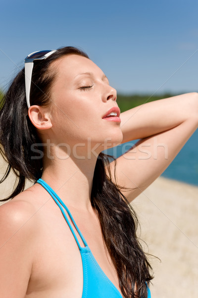 Summer beach woman in blue bikini bra Stock photo © CandyboxPhoto