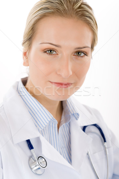 Foto stock: Jovem · feminino · médico · estetoscópio · branco · retrato