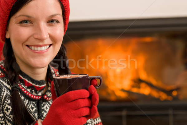 Chimenea invierno Navidad mujer beber casa Foto stock © CandyboxPhoto