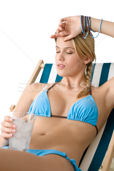 Foto stock: Playa · feliz · mujer · bikini · bebida · fría · relajarse