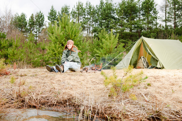 Camping woman tent sitting fire nature Stock photo © CandyboxPhoto