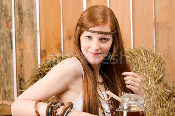 Foto stock: Hippie · mujer · desayuno · granero · jóvenes · orgánico