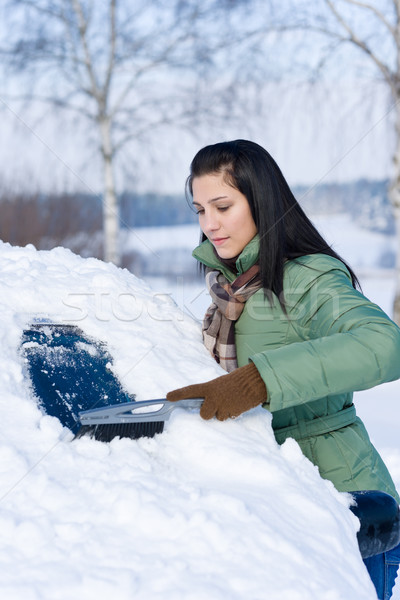 Stock photo: Winter car - woman remove snow from windshield