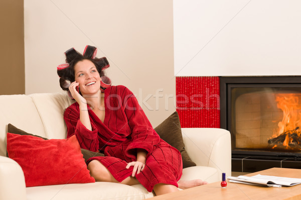 Stockfoto: Home · schoonheid · vrouw · haren · roepen · telefoon