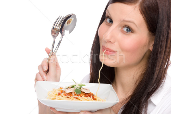Stock fotó: Olasz · étel · portré · nő · eszik · spagetti · mártás