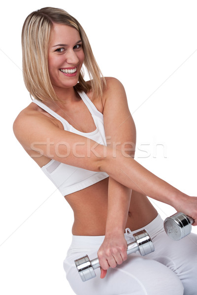 Zdjęcia stock: Fitness · młoda · kobieta · srebrny · wagi · biały