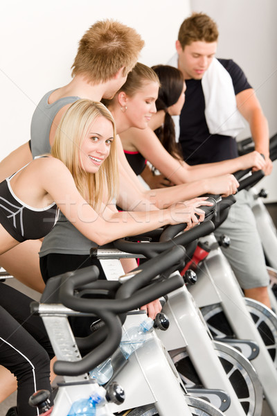 Stock foto: Fitness · Gruppe · Menschen · Fitnessstudio · Fahrrad · Fahrrad · Mann