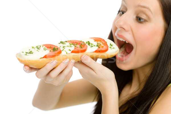 Kobieta jeść caprese kanapkę portret Zdjęcia stock © CandyboxPhoto