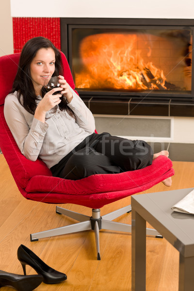 Foto stock: Inverno · casa · lareira · mulher · vidro · vinho · tinto