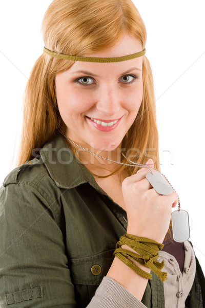 Hippie young woman in khaki outfit hold dog-tag Stock photo © CandyboxPhoto