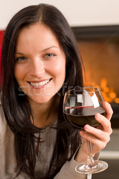 [[stock_photo]]: Hiver · maison · cheminée · femme · verre · vin · rouge