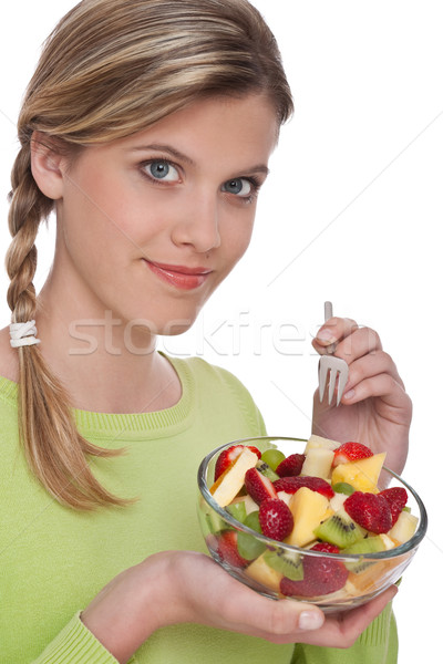 Femme salade de fruits blanche fraise fourche [[stock_photo]] © CandyboxPhoto