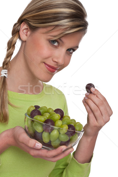 Foto stock: Mujer · uvas · tazón · blanco