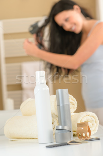 Fürdőszoba hajápolás termékek törölközők közelkép haj Stock fotó © CandyboxPhoto