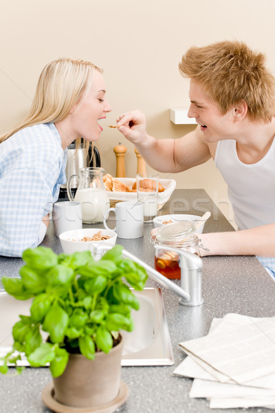 Breakfast happy couple man feed woman cereal Stock photo © CandyboxPhoto