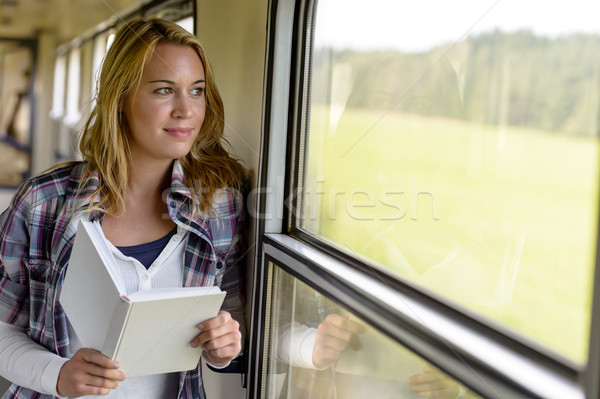 Woman reading book looking out train window Stock photo © CandyboxPhoto