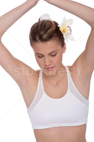 Stockfoto: Fitness · jonge · vrouw · yoga · positie · witte · ontspannen