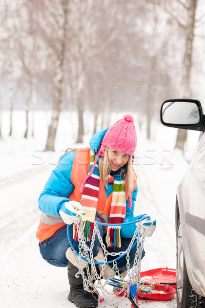 Woman with tire chains car snow breakdown Stock photo © CandyboxPhoto