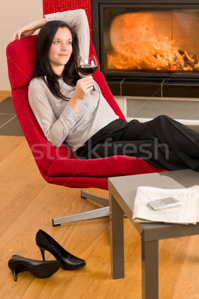 Winter home fireplace woman glass red wine Stock photo © CandyboxPhoto