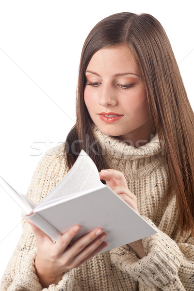 Foto stock: Retrato · jóvenes · feliz · mujer · libro