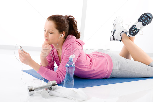 Fitness Woman Listen Music Mp3 Relax Gym Stock Photo C Jean Marie