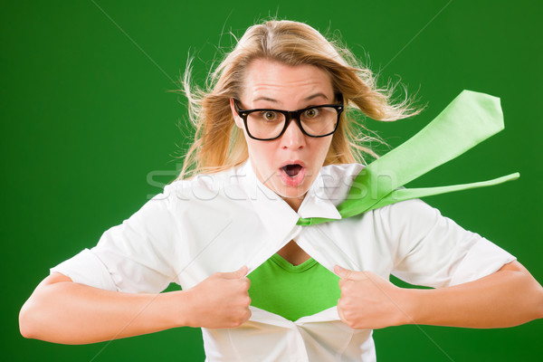 Verde superhero femeie de afaceri nebun faţă tineri Imagine de stoc © CandyboxPhoto