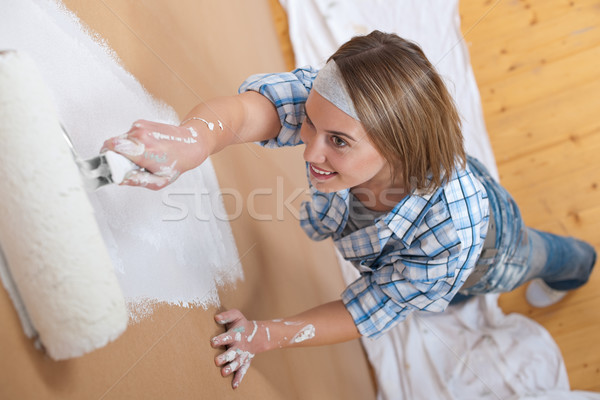 Foto stock: Melhoramento · da · casa · mulher · pintura · parede · pintar