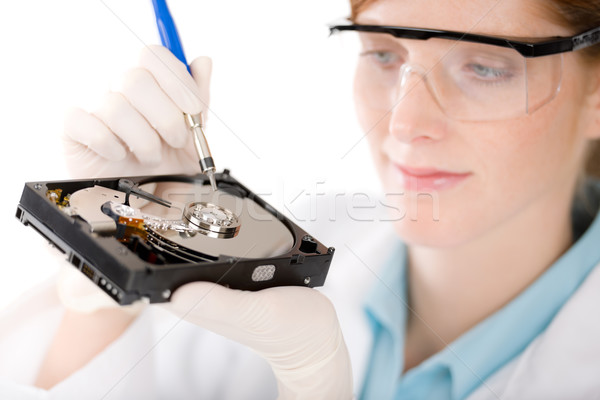 Foto stock: Feminino · computador · engenheiro · mulher · reparar · disco